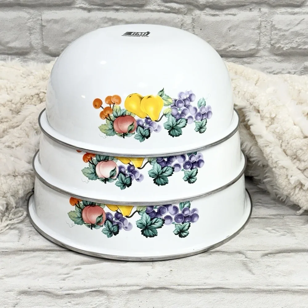 Vtg GMI Garden Harvest Fruit Enamelware Nesting Bowls Set Of 3 Country Farmhouse